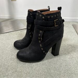 Black suede heeled buckle boots booties